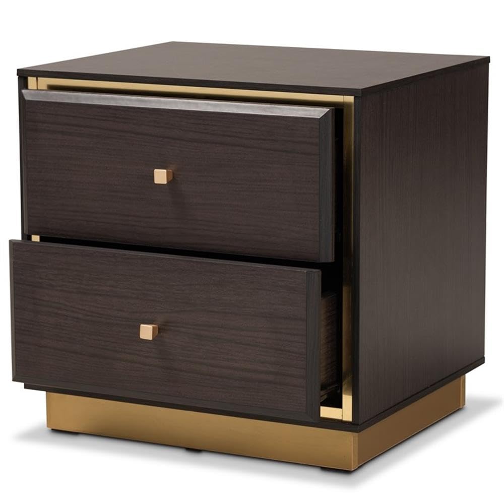 Baxton Studio Cormac Mid-Century Modern Transitional Dark Brown Finished Wood and Gold Metal 2-Drawer Nightstand